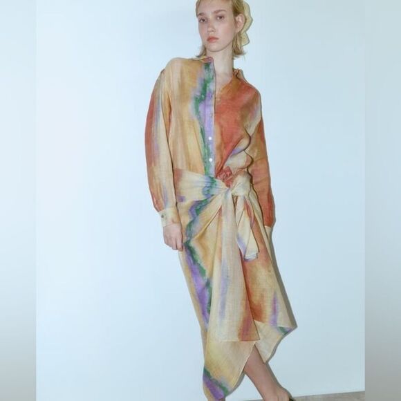 Zara 2 piece set of tie dye ramie shirt and wrap skirt - Picture 1 of 11